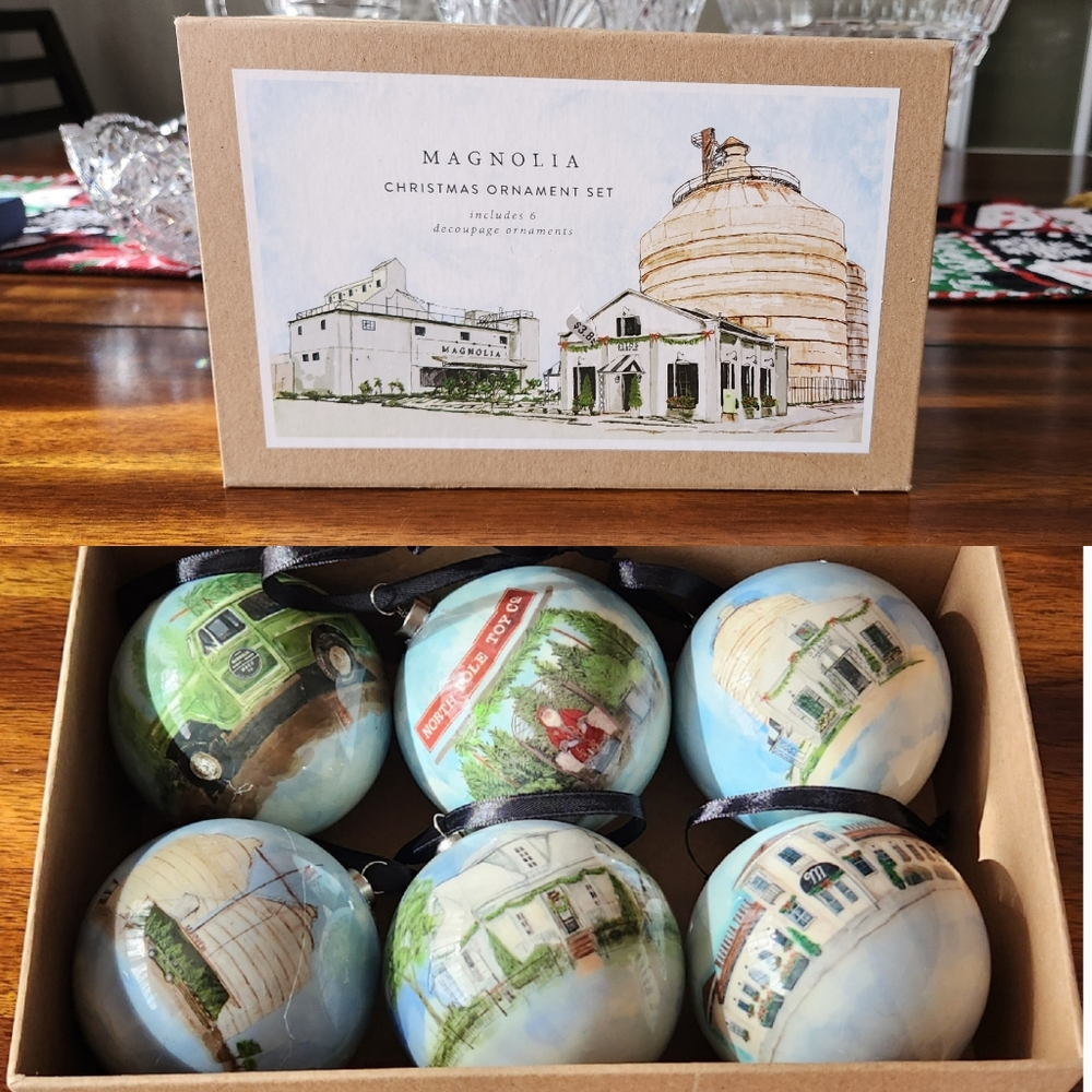 Magnolia Set of 6 Decoupage Ornaments